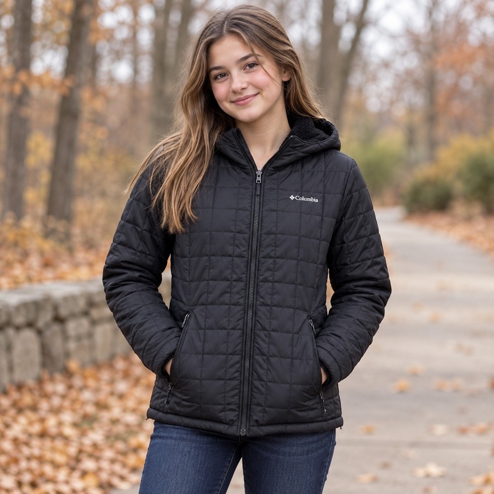 Columbia Girls XL 18/20 Black Hooded Puffer Jacket Quilted Fleece Lined Coat